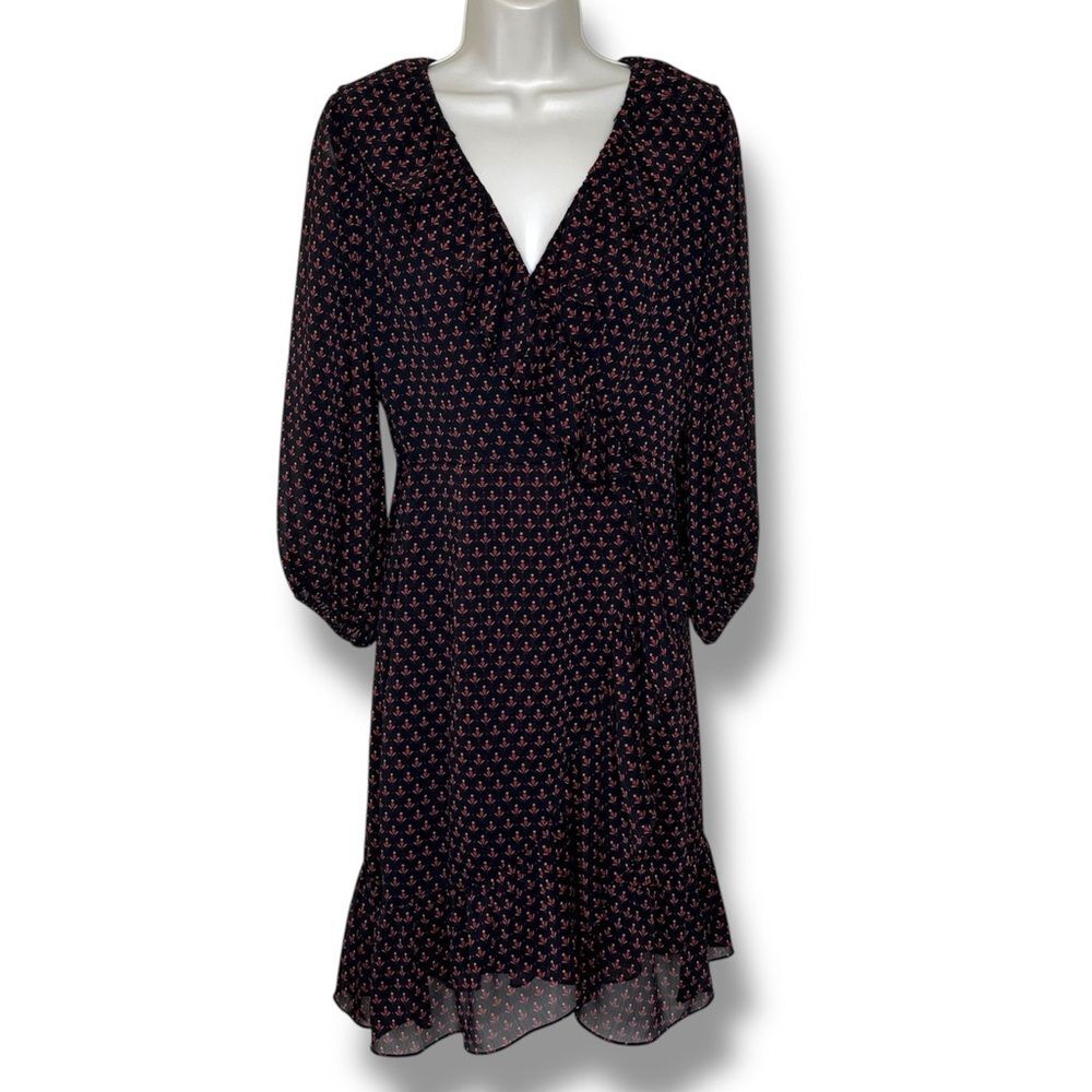 Adrianna Papell Ruffle Faux Wrap Diamond Foulard Black Red Dress Puff Sleeve 4